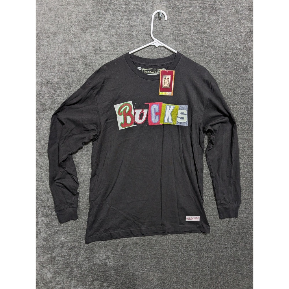 Mitchell & Ness Milwaukee Bucks Long Sleeve Shirt Black Collage Mens L 1669
